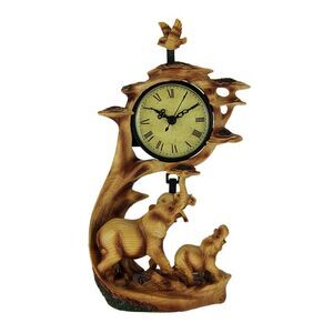 Elephant Family On Safari Carved Wood Look Clock Figurine